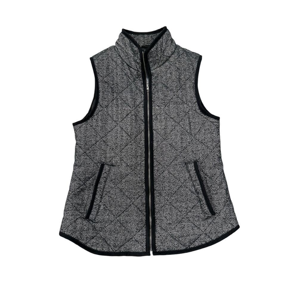 Haven Outerwear Black White Herringbone Zip Front High Neck Cotton Quilted Vest